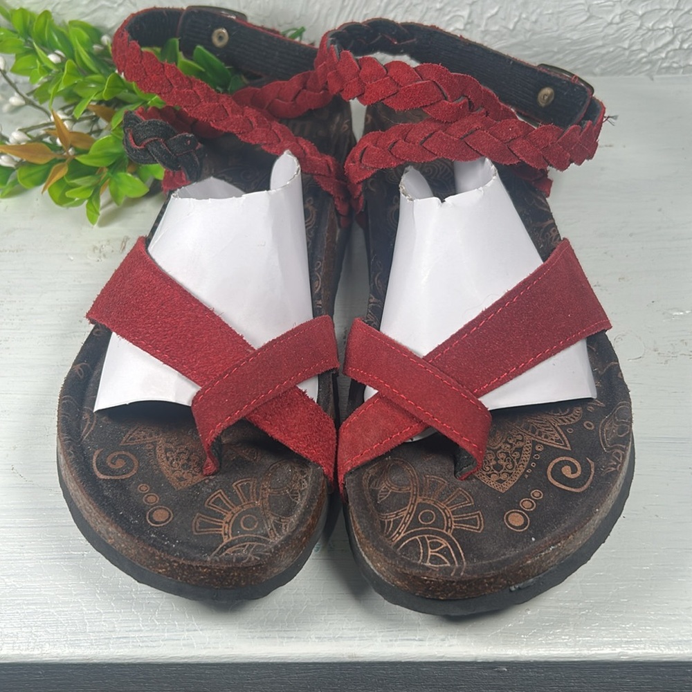 Muk Luk Ankle Wrap Toe Sandal Red Brown Cork Rubber Sole Muk Luks - Picture 3 of 10